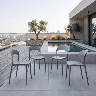 Ensemble de 4 chaises d'appoint modernes en polypropylène gris, dossier incurvé ergonomique, salon et salle à manger empilables Orion