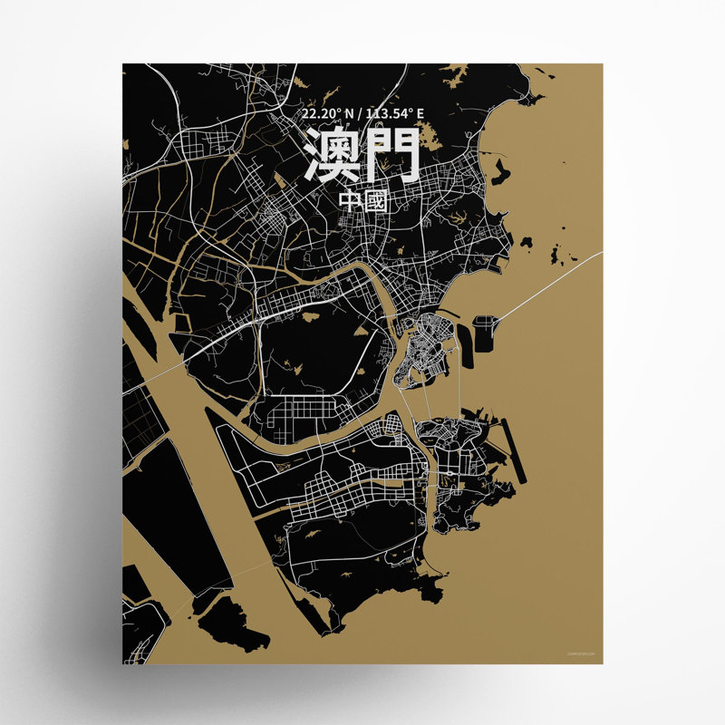 Macau (chinois traditionnel), impression de carte de la ville, H 20 po x l 16 po, Noir / or
