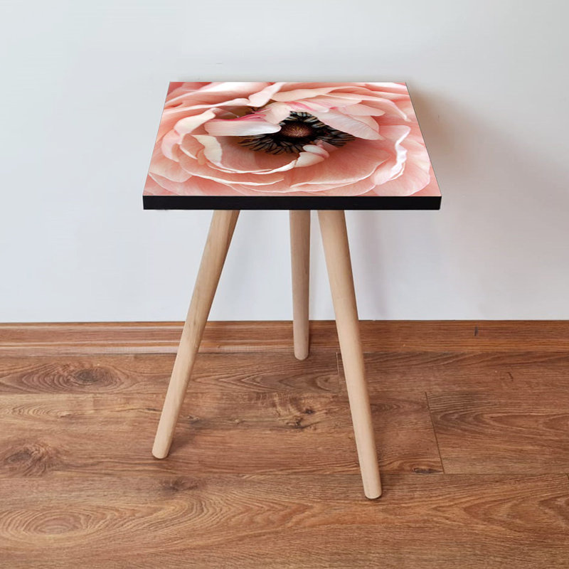 Table d'appoint moderne avec pieds en bois de hêtre, couleurs rose, blanc et noir, 13,8 po x 16,5 po x 13,8 po | 100% panneau de fibres à densité moyenne, épaisseur: 0,7 pouce | Design floral élégant pour le salon, la chambre à coucher ou le bureau, durable et élégant