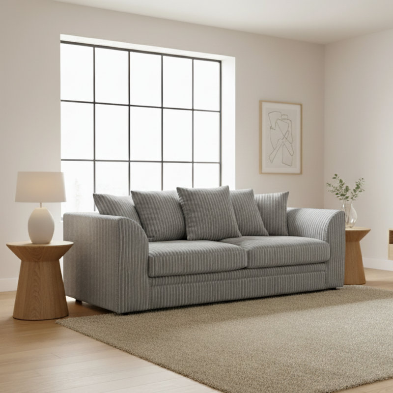 3 Seater Jumbo Cord Sofa – Small Back Sectional With Fixed Cushions & Deep Seating For Living Room Comfort, Silver