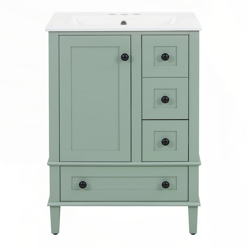 Meuble-lavabo compact avec lavabo en céramique intégré, tiroirs à fermeture en douceur et tablette double couche pour un rangement efficace