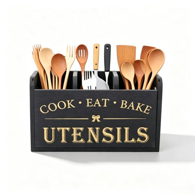 Hot‑Stamped Printed Wooden Utensil Caddy （Black）