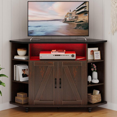 Corner TV Stand, Farmhouse Corner Entertainment Center with Led Light, Open Storage, Adjustable Shelves, TV Cabinets for Living Room, Bedroom by Ivy Bronx