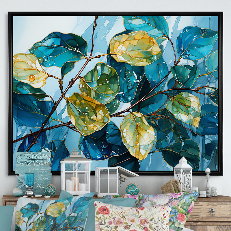 Feuilles charmantes, harmonie liquide sur toile, H 16 po x l 32 po x P 1 po, Cadre flottant noir