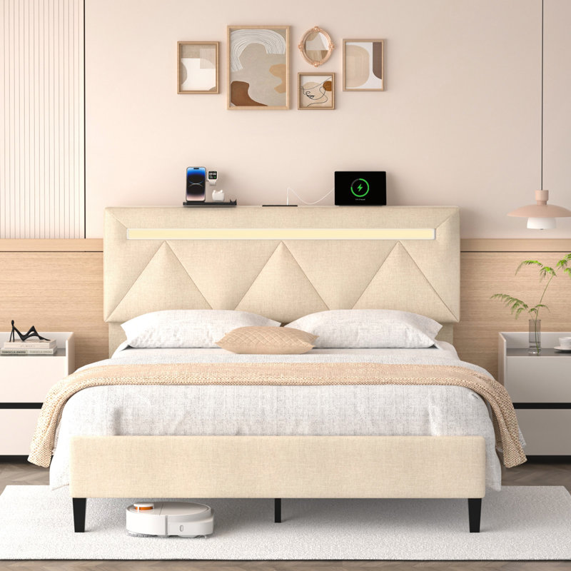 Très grande base de lit tapissier avec station de charge et lumières DEL, pas de sommier, pas de bruit