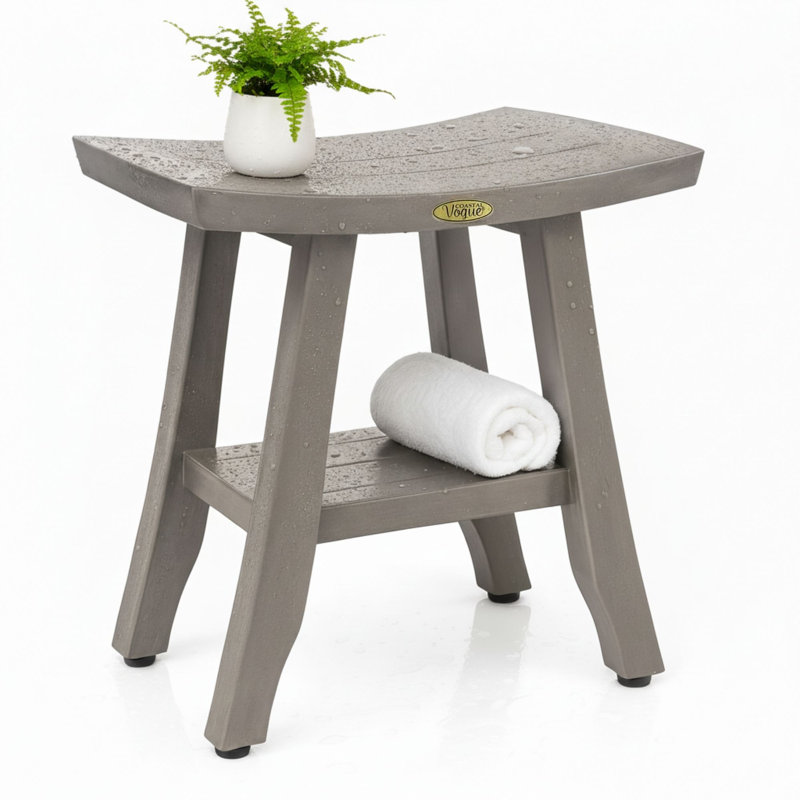 CoastalVogue’s 18" W Teak Shower Bench with Shelf in Antique Grey