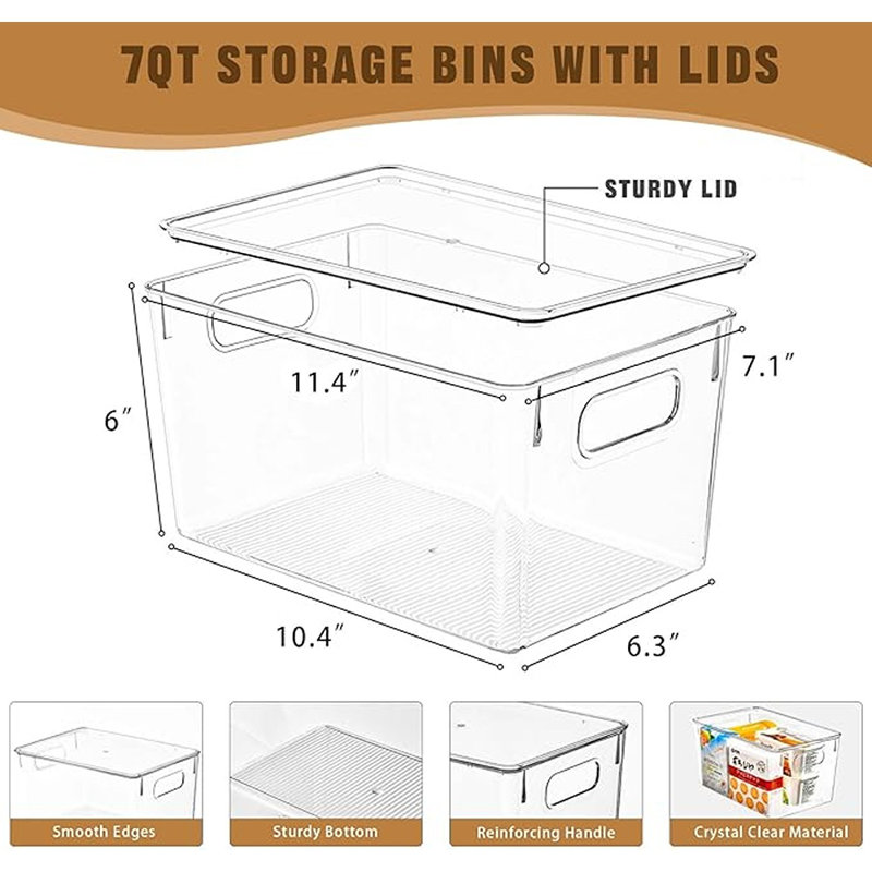 Clear PET Stackable Storage Bins with Lids, 7 Quart, 6 Pack