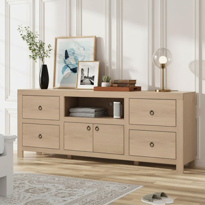 Meuble télé Farmhouse pour téléviseurs de 75/80 pouces, long meuble audio-vidéo avec 6 tiroirs de rangement et tablette pour barre de son, consoles de télévision blanches pour salon, chambre à coucher