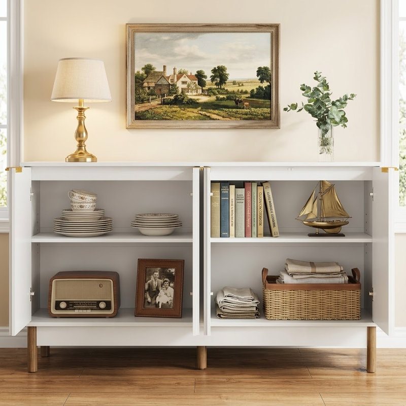 55'' Wide Sideboard Buffet Cabinet with Fluted Doors, Modern White Credenza Coffee Bar with Adjustable Shelves