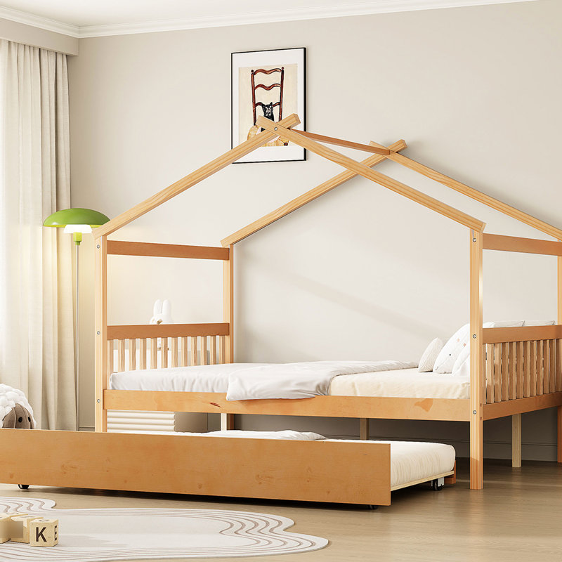 Lit double en bois massif avec lit gigogne en bois de pin massif, conception fantaisiste pour le décor de la chambre à coucher, lit simple, 2 têtes de lit, soirées pyjama convenables