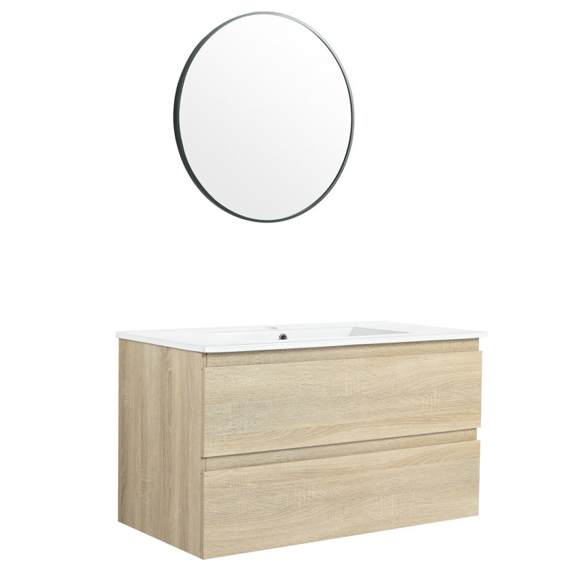 Meuble-lavabo de salle de bain 36 po - Lavabo en céramique, 2 tiroirs, aspect en contreplaqué tendance avec lavabo mural, style élégant à fermeture en douceur