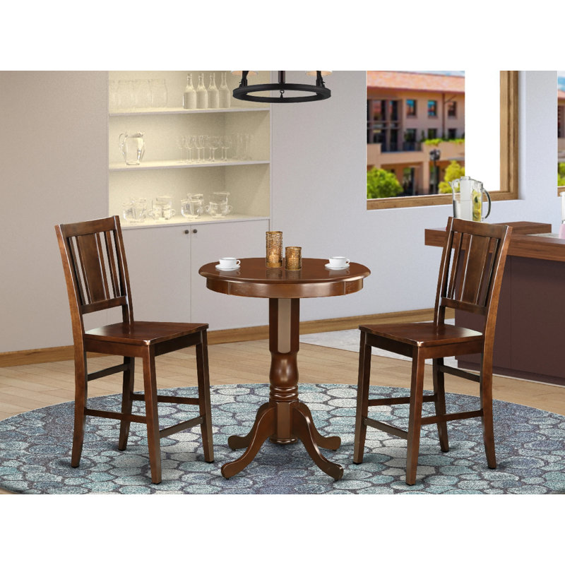 3 Piece Counter Height Dining Table Set Contains a Round Wooden Table with Pedestal and 2 Leath, 3 Pieces: 1 Table, 2 Chairs