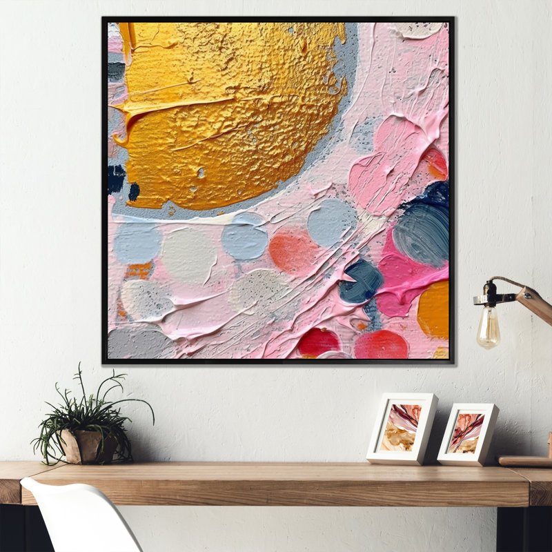 Rose et gris géométrique IV sur toile, Cadre flottant noir, H 16 po x l 16 po x P 1 po