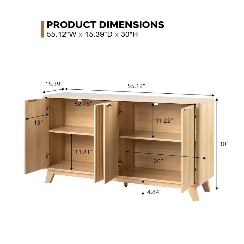 55'' Sideboard Buffet Cabinet Modern Storage Cabinet With Adjustable Shelves