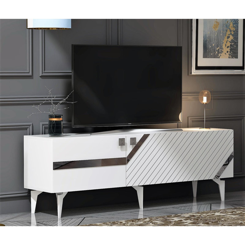 Meuble télé moderne blanc et argent 59,1 po x 19,3 po x 15,7 po | 100% panneau de particules enduit de mélamine, épaisseur: 0,7 pouce | Solution de rangement élégante pour le salon, design durable et élégant