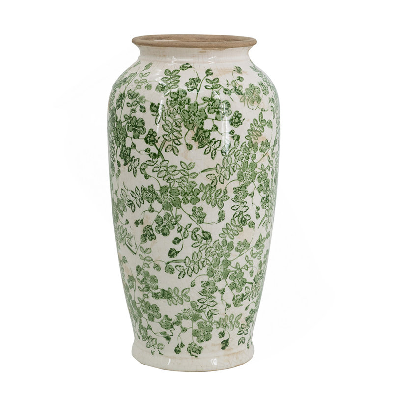 Vase en céramique 7,7 x 7,7 x 14,6 po avec motif floral vert