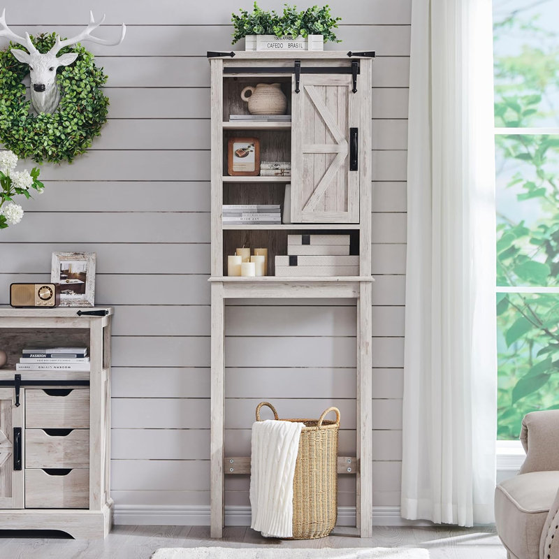 Manhattan Water-Resistant Over-the-Toilet Cabinet with Sliding Barn Door, Antique Brush White