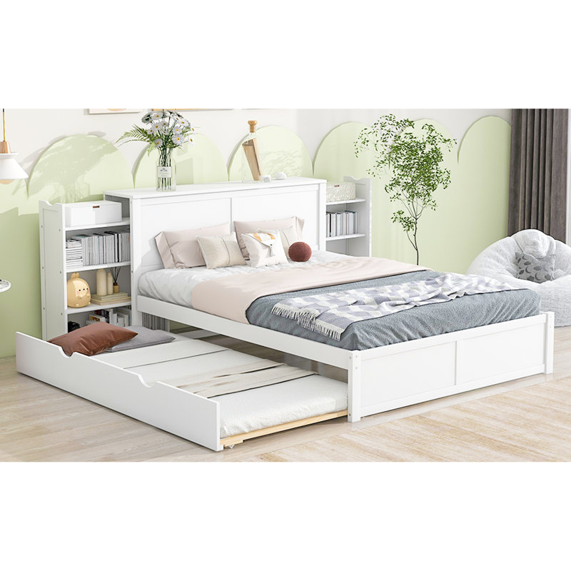 Grand lit avec tablettes coulissantes et lit simple TG, blanc - bois, plateforme de rangement pratique et lit gigogne, tête de lit pratique