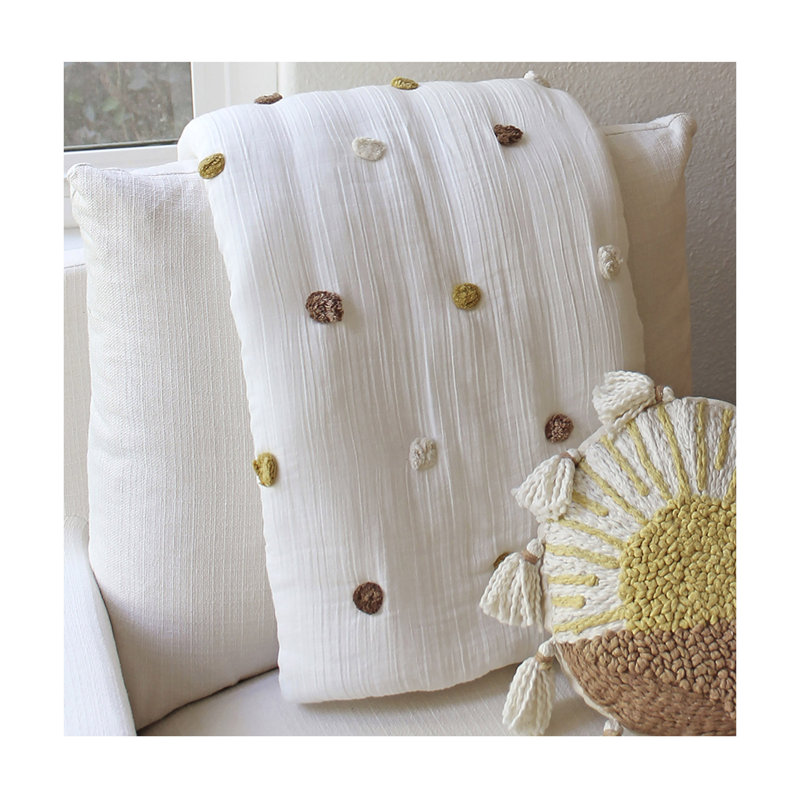 36" x 36" Pom Pom Baby Blanket, White and Brown, By Crane Baby