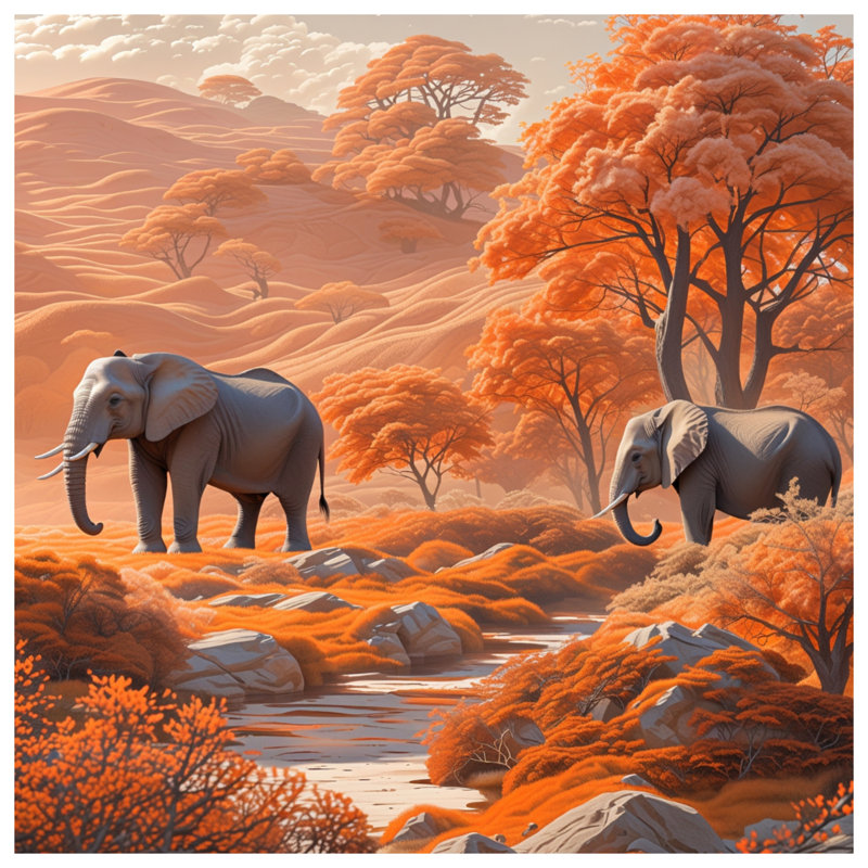 Éléphants dans un paysage orange, coussins décoratifs à double face, 18 x 18 inches