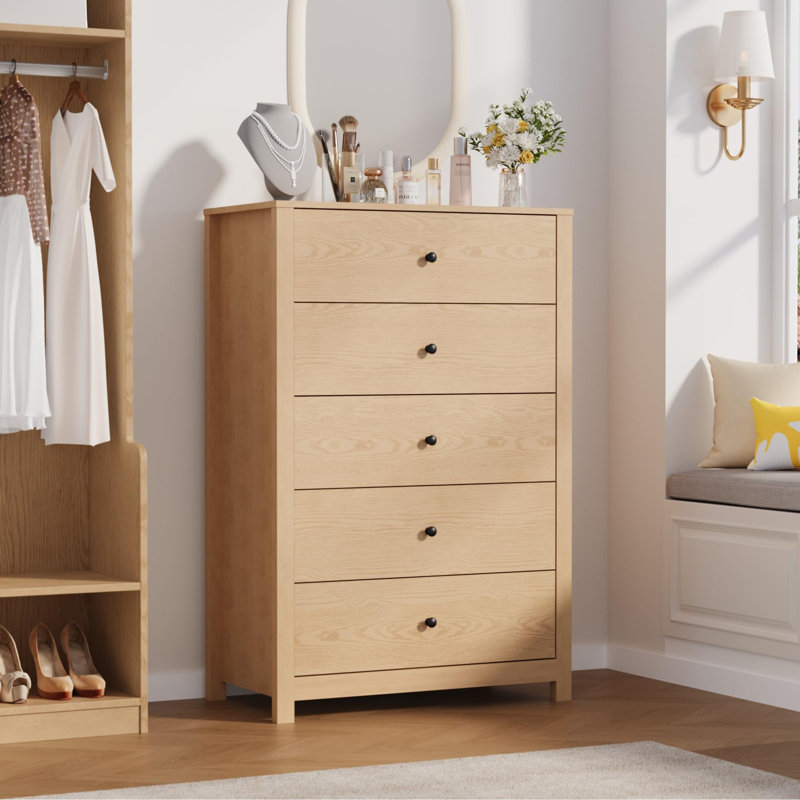 5 Drawer Dresser for Bedroom, Modern Wood Storage Chest with Deep Drawers, Yellow
