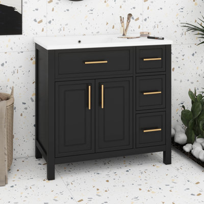 36" Bathroom Vanity With Sink, Wood Single Bathroom Sink Cabinet With 3 Drawers And Doors, Bathroom Vanity Set