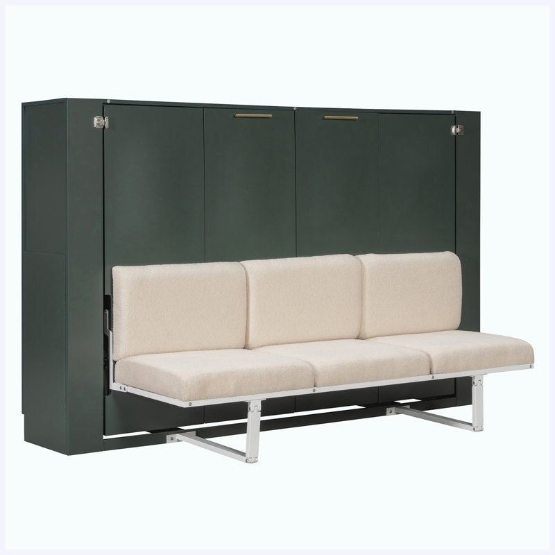 Lit escamotable double vert et beige avec canapé, 4 tablettes de rangement et station de chargement USB pour chambre multifonctionnelle