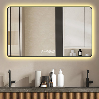 Miroir mural de 38,23 x 28,9 pouces, cadre noir, coins arrondis, indication de la température, éclairage tricolore et miroir à cadre en aluminium désembuage de format 29 x 39, pour salle de bain