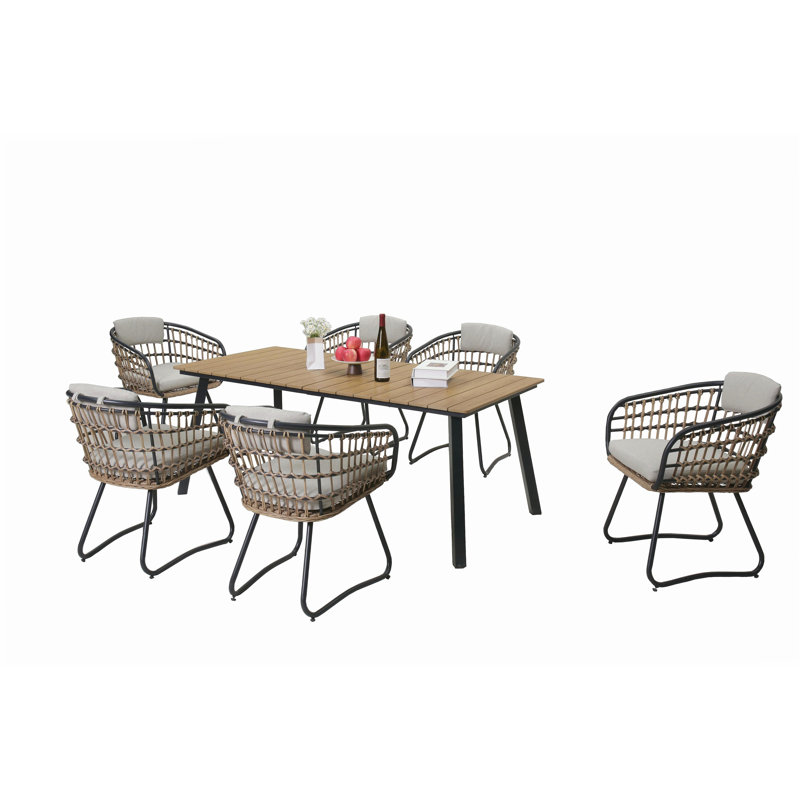 Ensemble repas 7 pièces en osier avec table en bois d'acacia