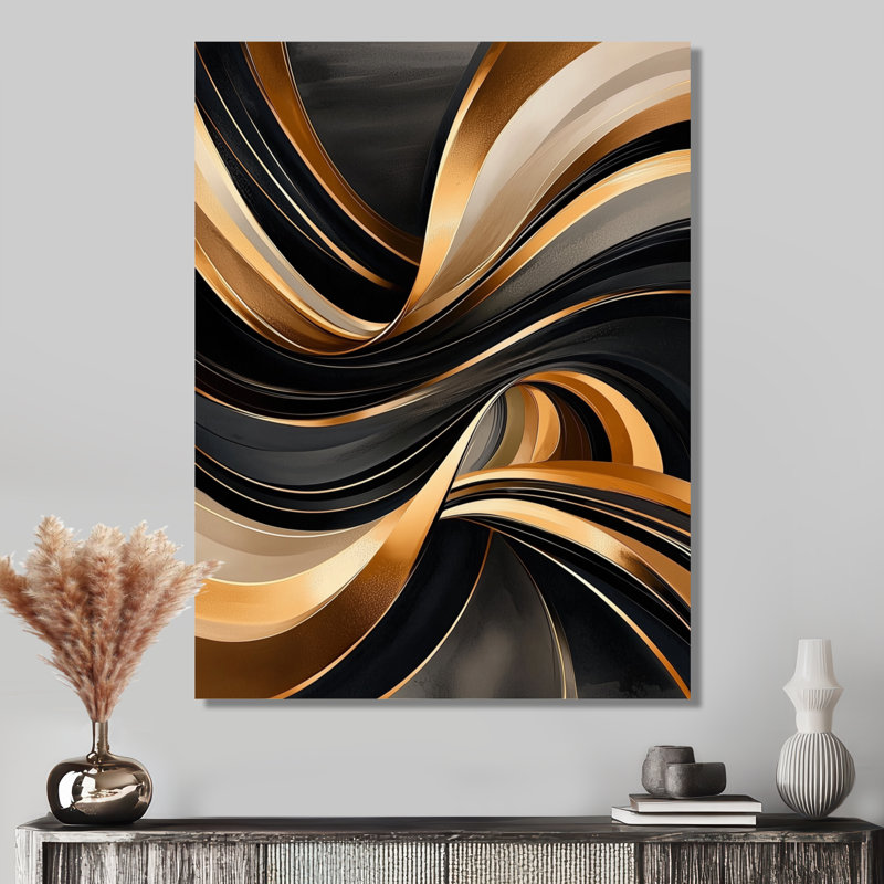 Gold And Black Geometric Vortex II - Abstract Metal Wall Decor, Geometric Metal Print, 32" H x 16" W