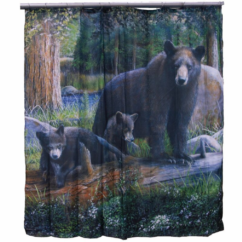 Rustic Green and Black Polyester Forest Bear Shower Curtain