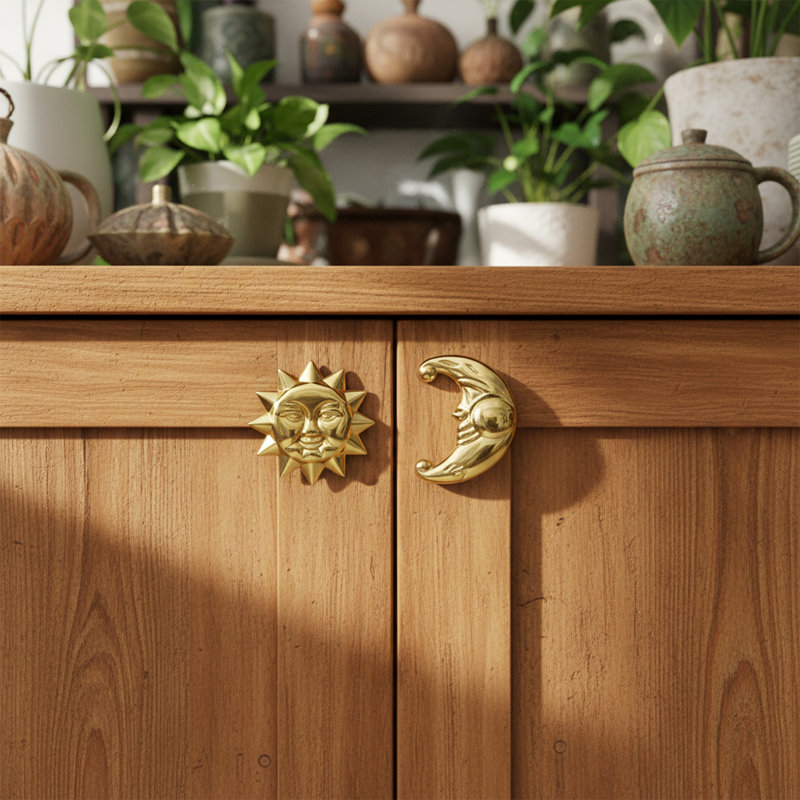 Sun And Moon Cabinet Knobs Set of 2, Solid Brass Gold Cabinet Knobs for Drawers, Dressers and Cupboards