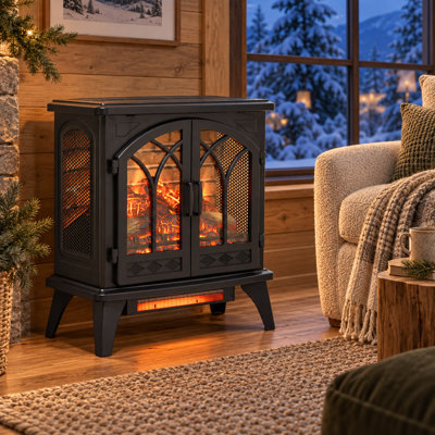 24" Electric Fireplace Heater, 1500W Freestanding Fireplace Stove w/Realistic Flame, Adjustable Thermostat & Timer, Remote Control, Overheat Protection, Portable for Living Room Bedroom