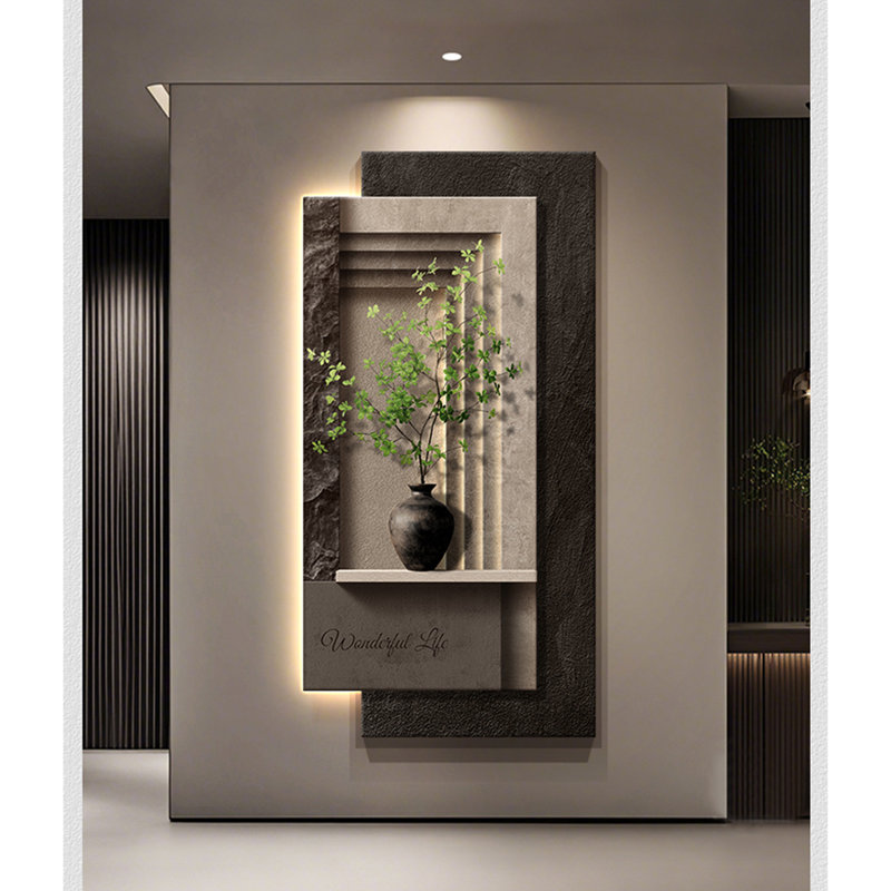 Art mural luxueux à DEL en grès: capteur d'entrée géométrique, Noir / gris / vert / blanc, H 62,99 po x l 31,5 po x P 3,94 po
