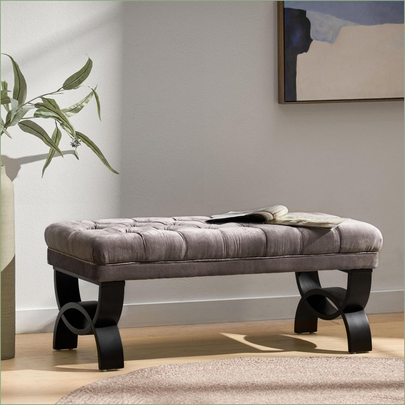 Banc repose-pieds, capitonné pour le salon de la chambre à coucher de l'entrée | Bois brun foncé | Noir, Gris