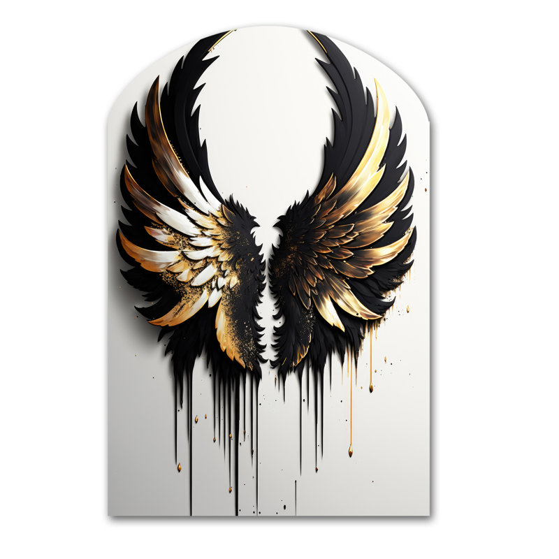 Black Silver And Gold Angel Wings III - Wings Angel Arch Shape Assymterical Metal Wall Sculpture, 43" H x 33" W