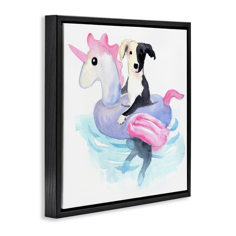 «Sandy Dog Pool Float» par Geoff Allen, H 25 po x l 25 po, Cadre flottant noir de jais