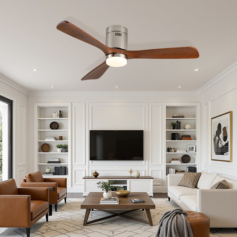 52 Inch Modern Ceiling Fan with LED Light Kit and Remote Control 3 Solid Wood Fan Blades 3-Color Dimmable Light 6-Speed Reversible Motor with Timer