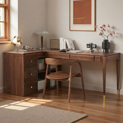 Modern L-shaped Long Walnut Wood Writing Desk