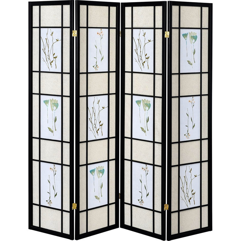 Paravent en pin avec motif floral artistique - cadre noir Élégance encadrée 4