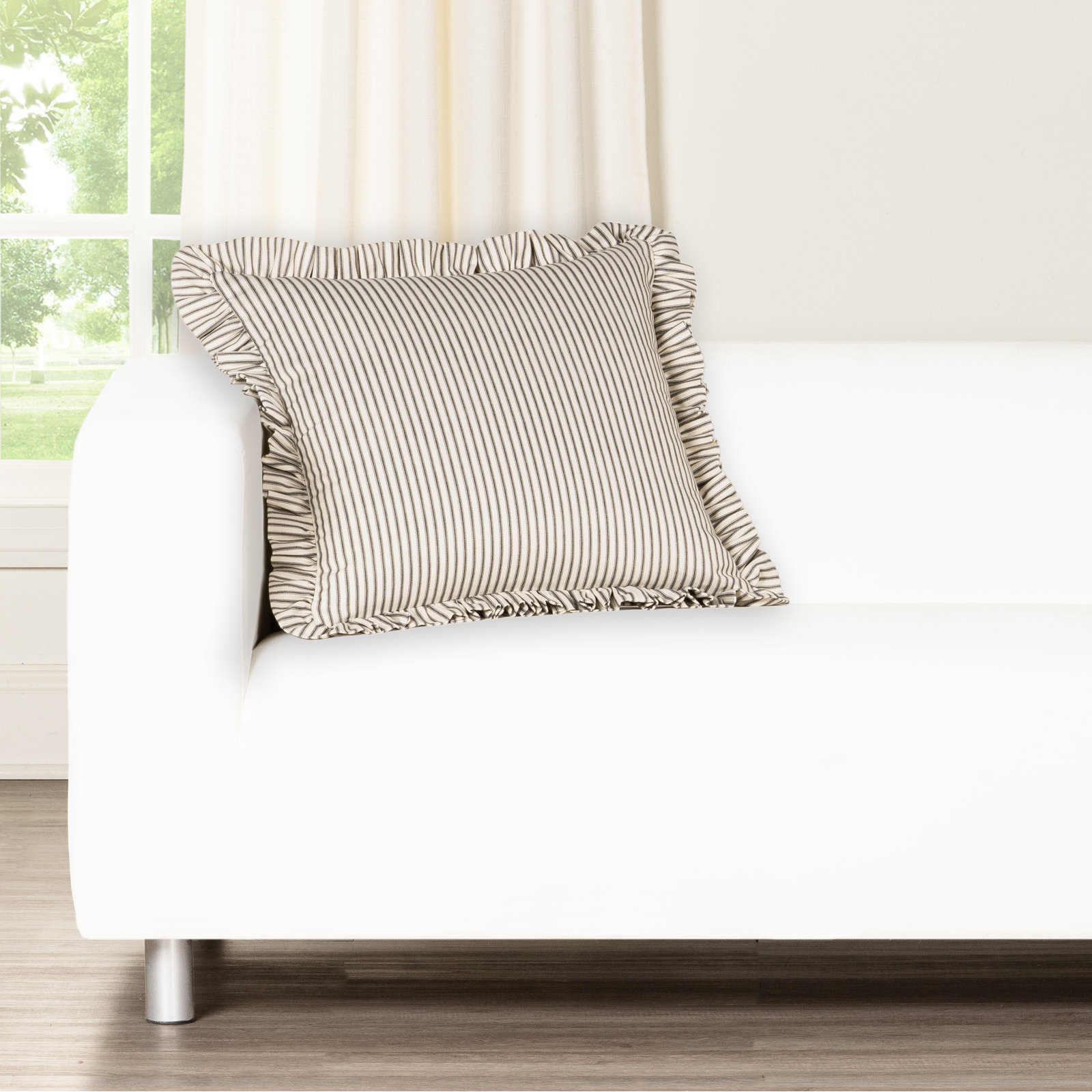 Birch Lane Ticking Stripe Ruffled Accent Pillow, Polyester, Black