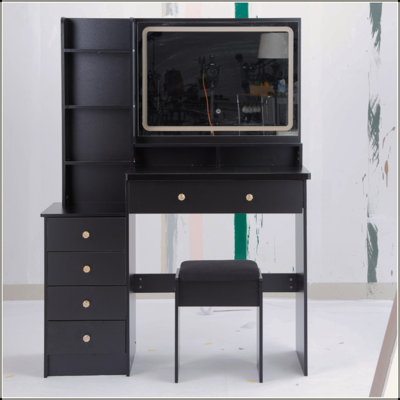 41" Large Size Left Bedside Cabinet Vanity Table+Cushioned Stool, Extra Large Touch Control LED Mirror, 3-Color Switch, Multi Layer High Capacity Storage Fashionable Dresser, Suitable For Large Space