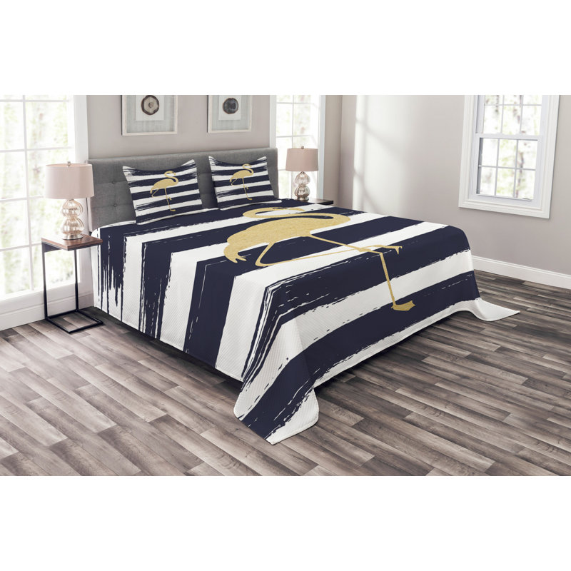 Dark Blue/White/Mustard 100% Microfibre Bedspread, 220 x 264 cm