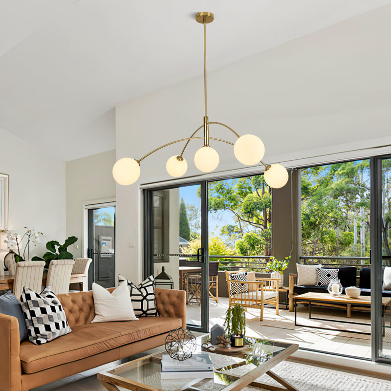 5 - Light Dimmable Modern Linear Chandelier, Gold, White