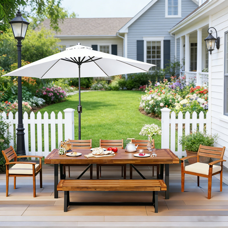 Abdel 8 - Person Acacia Wood Patio Dining Set with Removable Cushion, Ergonomic Chairs And Bench
