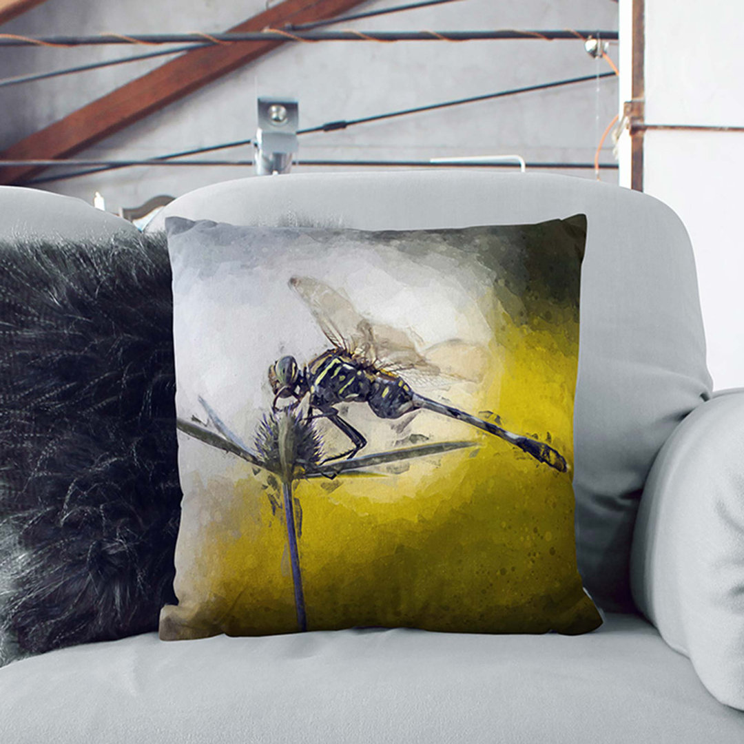 Dragonfly upon a Thistle in Abstract Cushion with Filling
