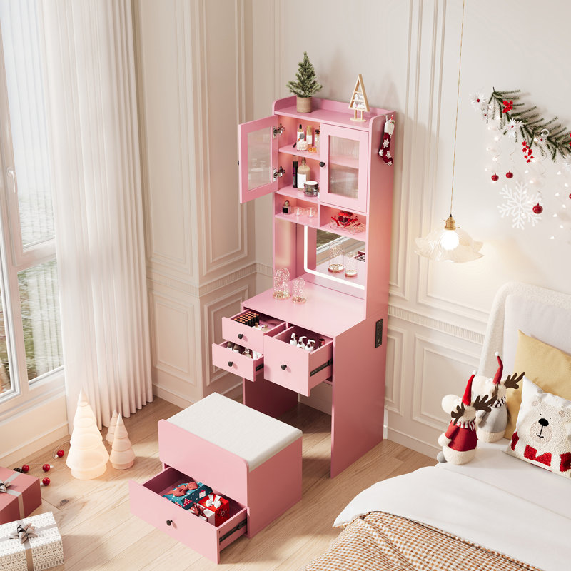 Compact Vanity. Make Up Vanity Desk with Mirror and Lights. White Vanity Table Set with  Station.Girls Small Vanity and Storage Chair