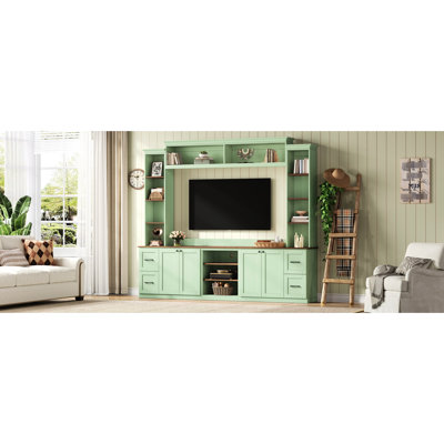 41 Entertainment Center, Mint Tv Stand With Walnut Adjustable Shelves, Elegant Retro Console, Drawers And Cable Hole Arrangement Plan Wall Unit For Living Room, Stand, Media Precision Cabinet Setup