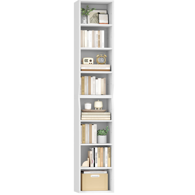 Grande bibliothèque de coin étroite et étroite à 8 niveaux, facile à assortir pour le salon, le bureau, le bureau, la chambre à coucher, blanc