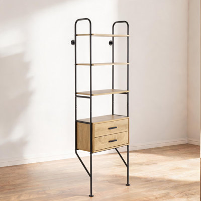 Bibliothèque de rangement en bois brun riche et métal noir, présentoir à 5 niveaux et rangement pour petits espaces intérieurs